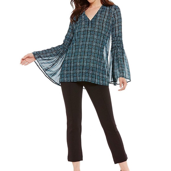 Michael Kors Tweed Haberdashery Georgette Bell Sleeve Top - Picture 3 of 6